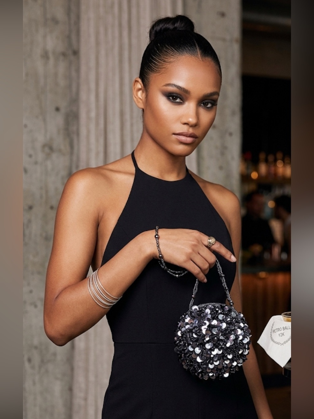 Vintage 90-Y2K | Sequin Beaded round ball shape Evening sequins Bag - Gray/Black